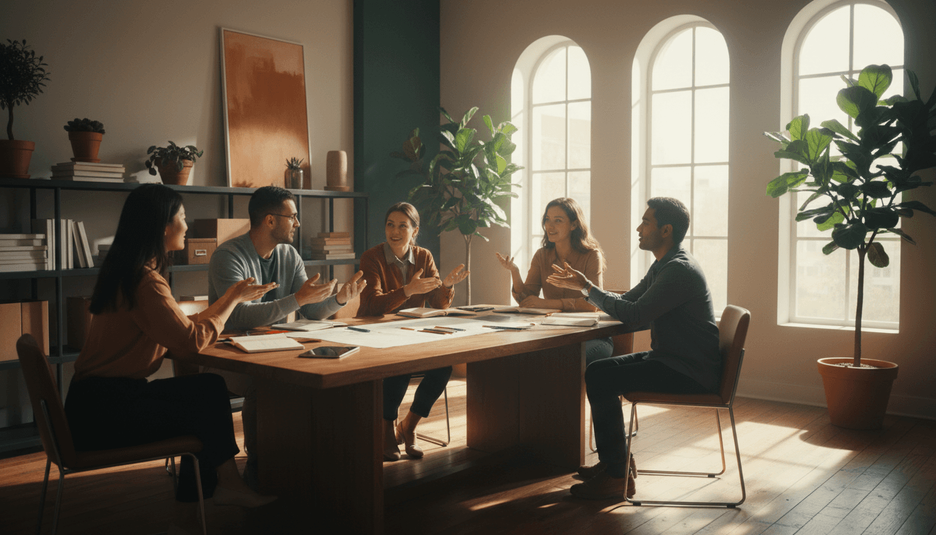 Diverse team collaborating in a professional workspace with natural light and organized materials