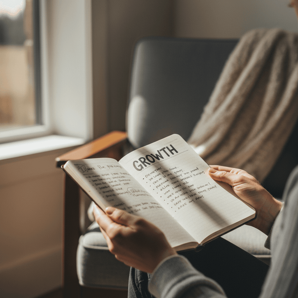 Close-up of facilitator and participant journaling together during a trauma-informed coaching session
