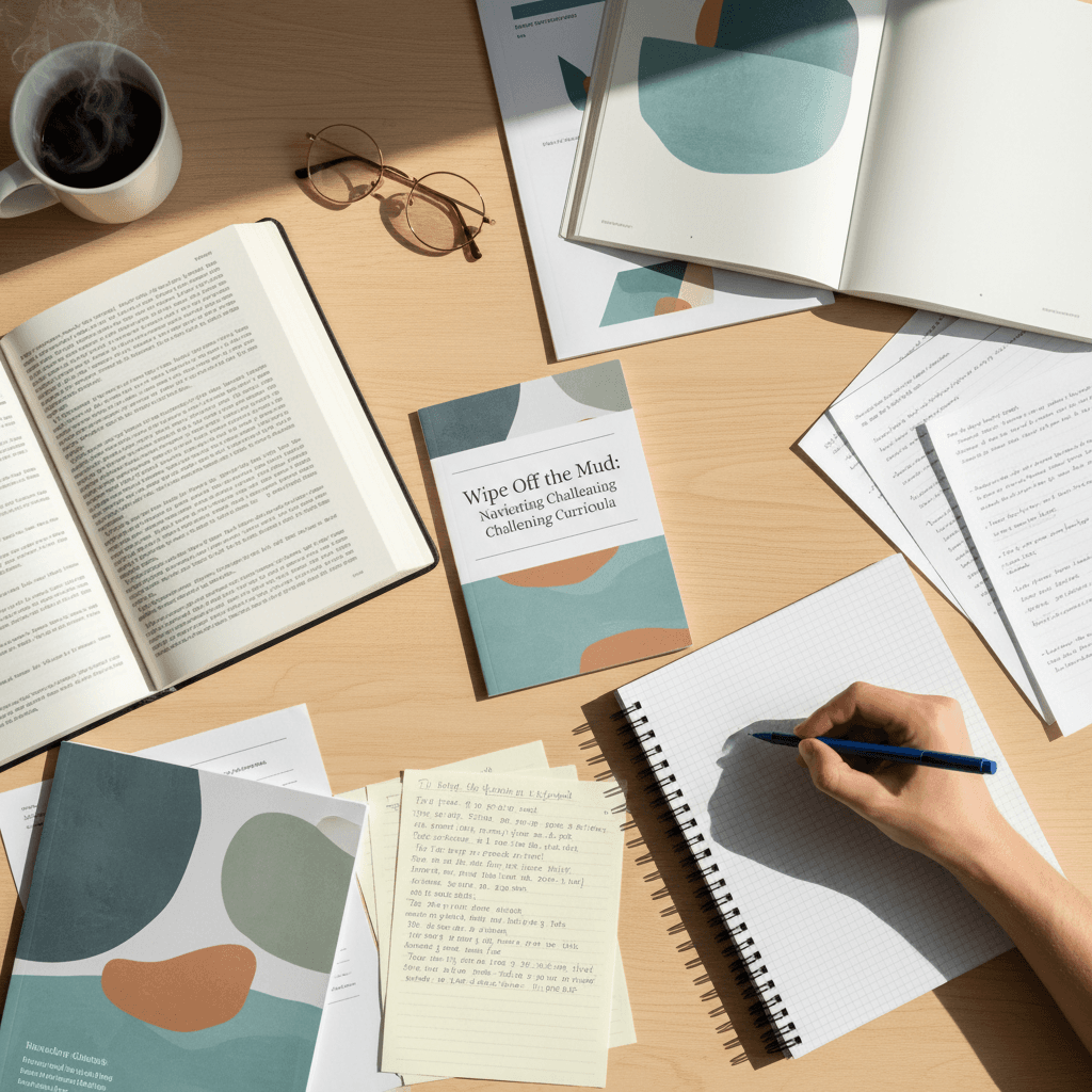 Curriculum development materials and research notes arranged on desk