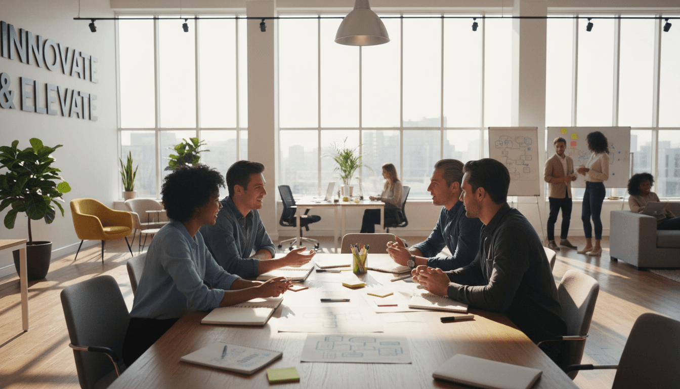 Professional workspace with natural light, planning materials, and collaborative environment